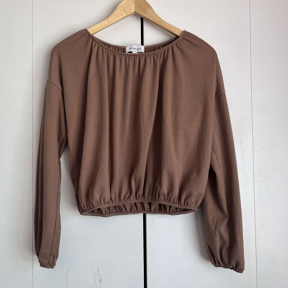 Gilli Crop Top Size S Brown Textured Long Sleeve Elastic Hem Drop Shoulder